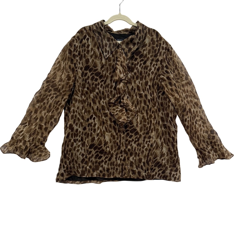 Anne Klein Leopard Cheetah Print 100% Silk Ruffle Blouse Size 10 Office Siren